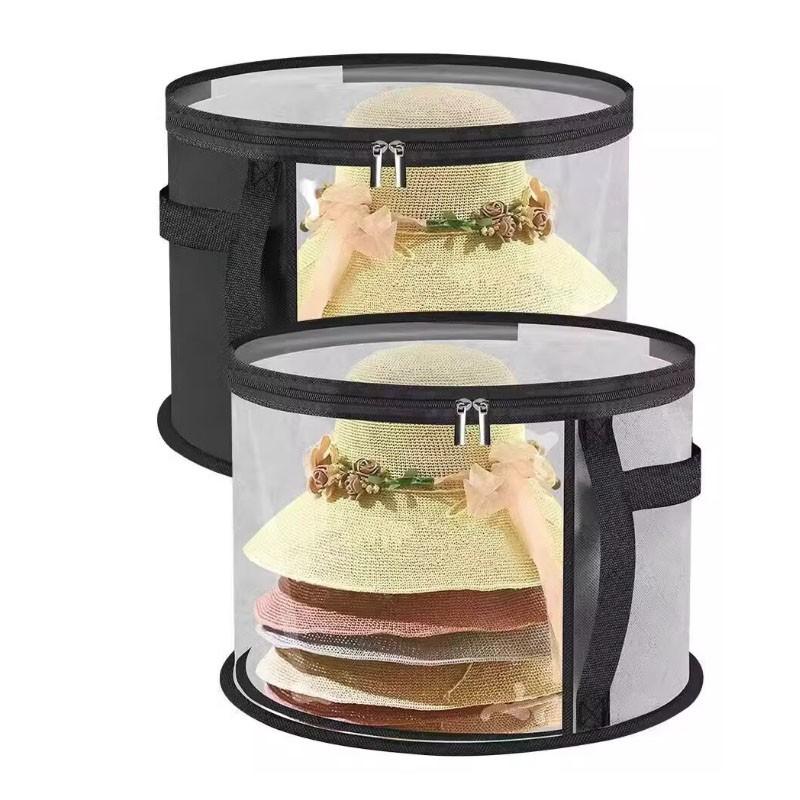 Stackable Round Hat Storage Bucket Organiser with Transparent Window, Flip-Top Access, Multi-Purpose Fabric Bag, Ideal for Beach and Travel