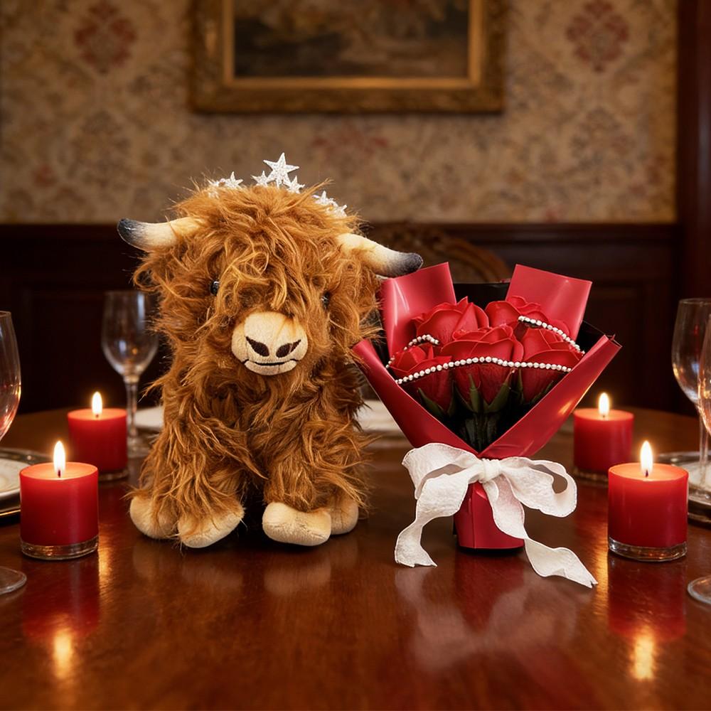 Highland Cow Plush Doll with Everlasting Realistic Flower Bouquet, Perfect Decorative Plush Doll, Valentine's Day Gift, Mother's Day Gift, Best Gift for Grandma