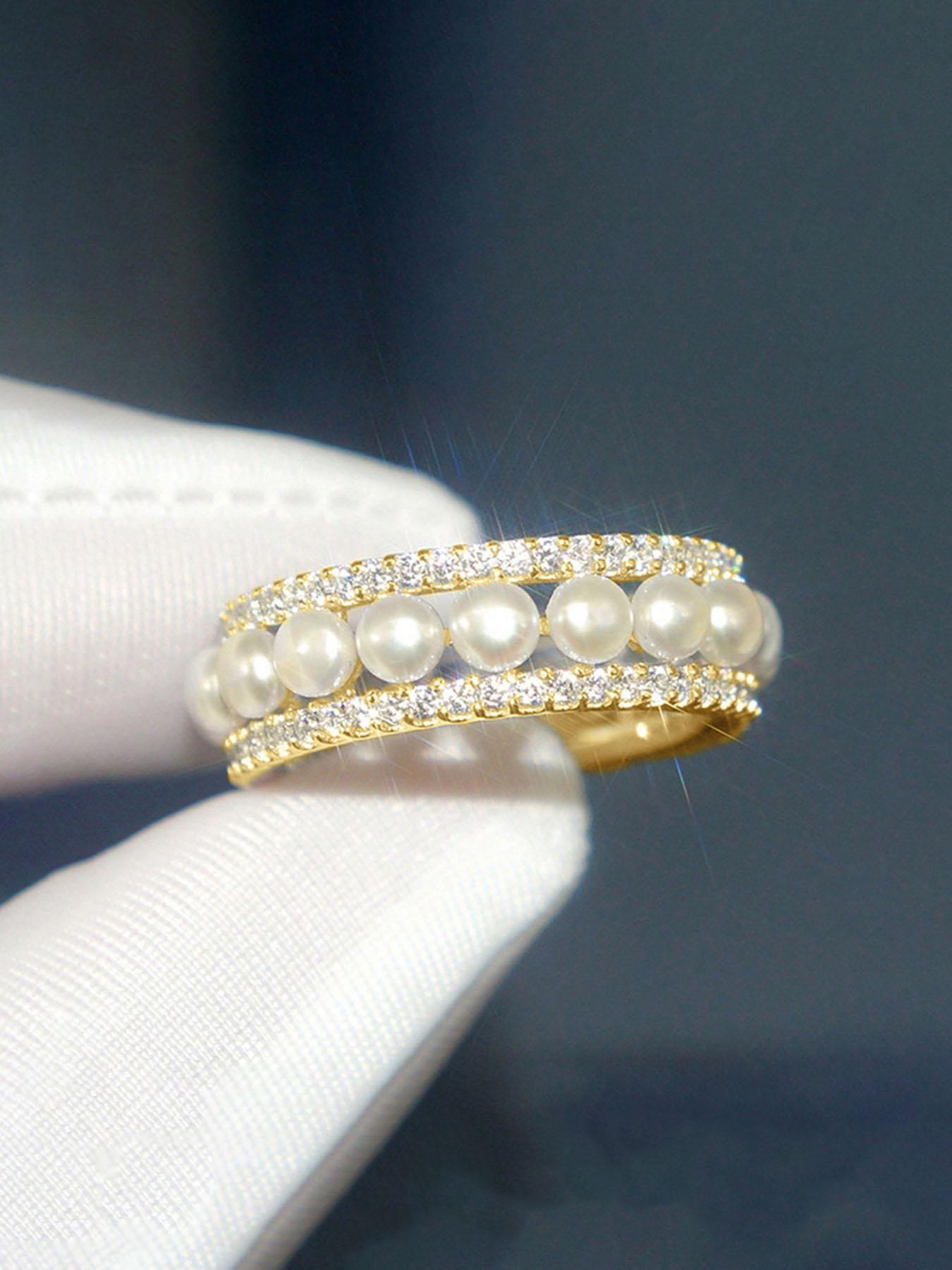 Luxurious Imitation Pearl Ring for Women, Zircon Embedded Edge, Fashionable Everyday Jewelry, Elegant Single Band Ring