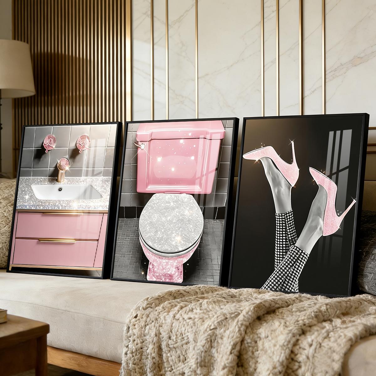 3 Counts Aluminum Alloy Framed Painting, Pink Glam Bathroom And High Heels Art Pictures, Home Decoration For Living Room, Bedroom, Office, Restaurant, Hallway Wall Decor, Odorless Print Artwork, Luxury Perfect Gift For Friends And Family