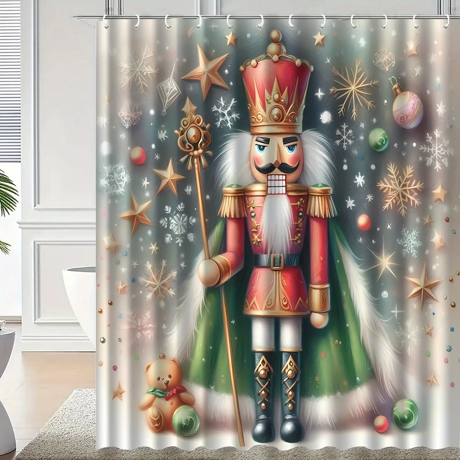 Elegant Nutcracker Christmas Shower Curtain with Hooks, High-End Festive Holiday Home Bathroom Decor Accent