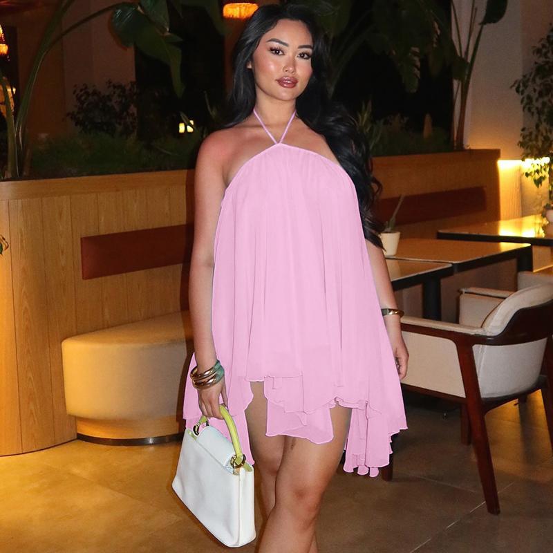 Dreamy Sleeveless Halter Mini Dress with Multiple Layers Solid Color Loose A Line Dress for Women's 2025 Fall New Arrival Casual Elegant Outfit Parties & Dates, Feminine & Trendy Gown Dresses SpringStatements