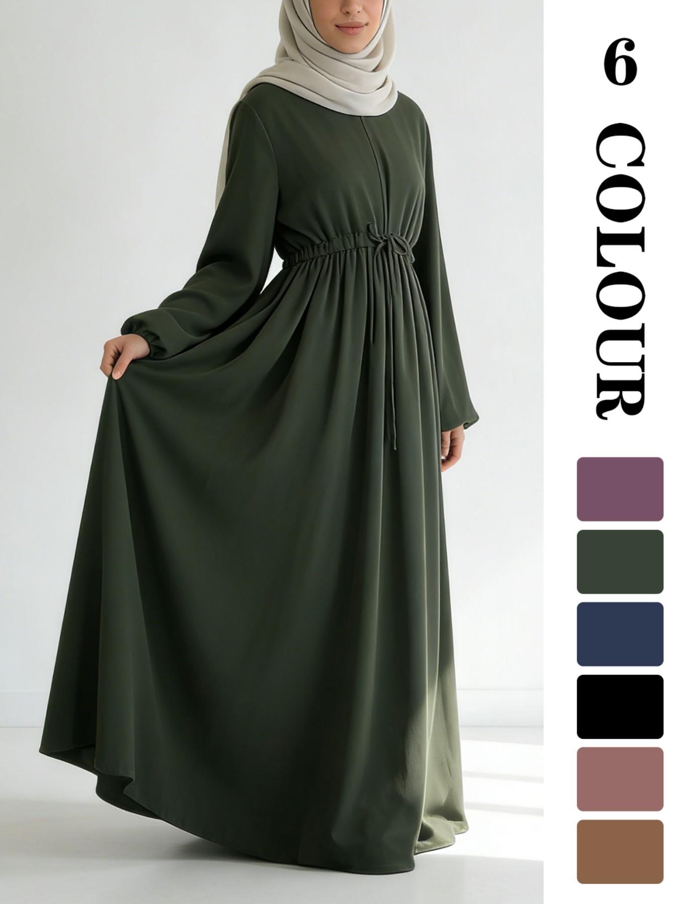 Women's Solid Color Belted Arabian Dress, Elegant Long Sleeve Round Neck Dress for Daily Wear, Ladies Islamic Clothing for All Seasons, Modest Abaya Dress