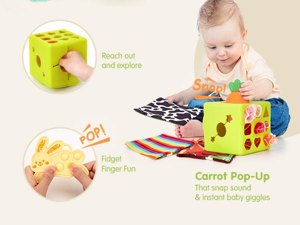 hahaland Baby Tissue Box Toy - Easter Basket Stuffers, with Bunny Teether Carrot Silicone Baby Toys 6-12 Months Montessori Learning Educational Toy Infant Toy 6-in-1 Soft Busy Activity Cube with Scarves, Crinkle, Textures, Mirror Gift for Babies
