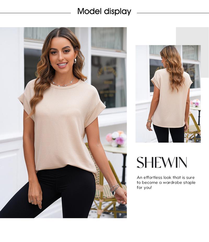 Shewin 2026 Spring/Summer Oversized Stripe T Shirts Crewneck Cap Sleeve Casual Loose Tops Lightweight Sweatshirt Top for Daily Wear Womenswear Going Outfits Striped Basic Batwing Shortsleeve Minimalist Fitted Soft