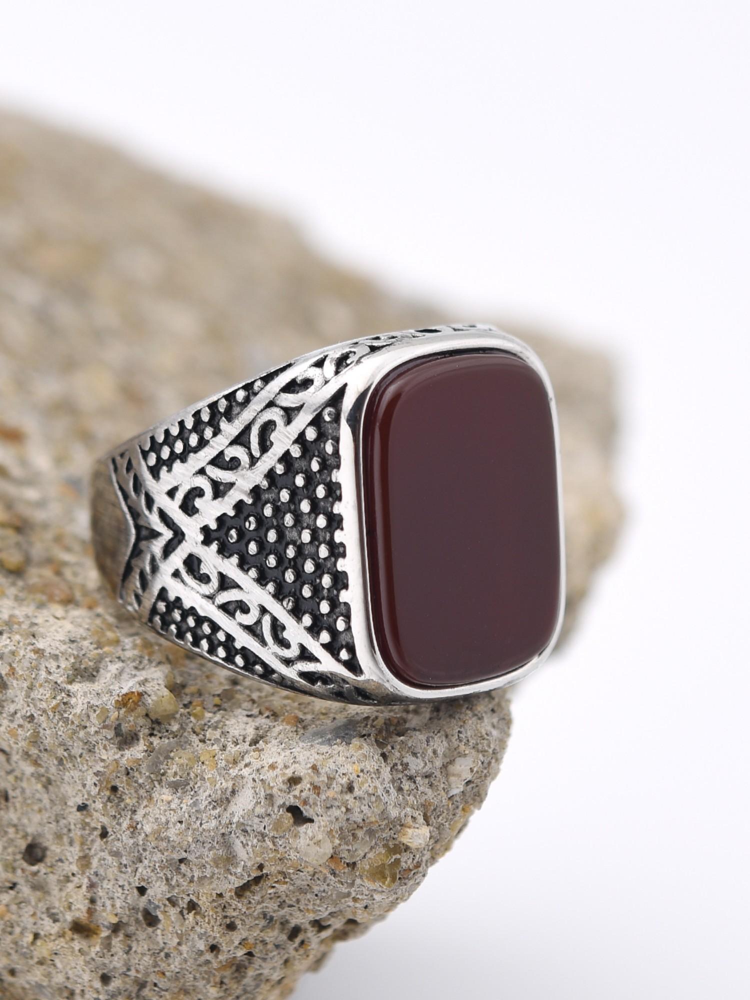 Vintage Men's Signet Ring 316L Stainless Steel Silver Color Blue Agate Square Stone Retro Carving Jewelry Gift