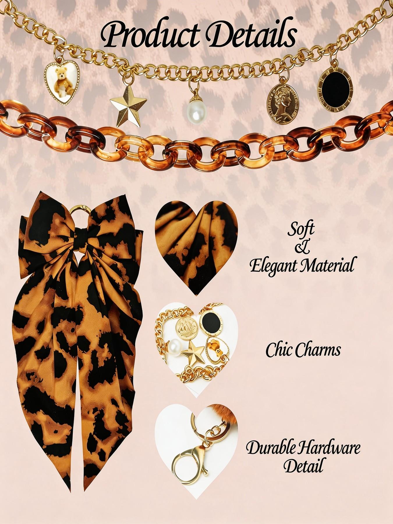 4PCS Leopard Tote Bag Accessories Set, 2 Chains, Satin Bow & Pom Pom, Handbag Decor Kit for Women, Bag Charm Set