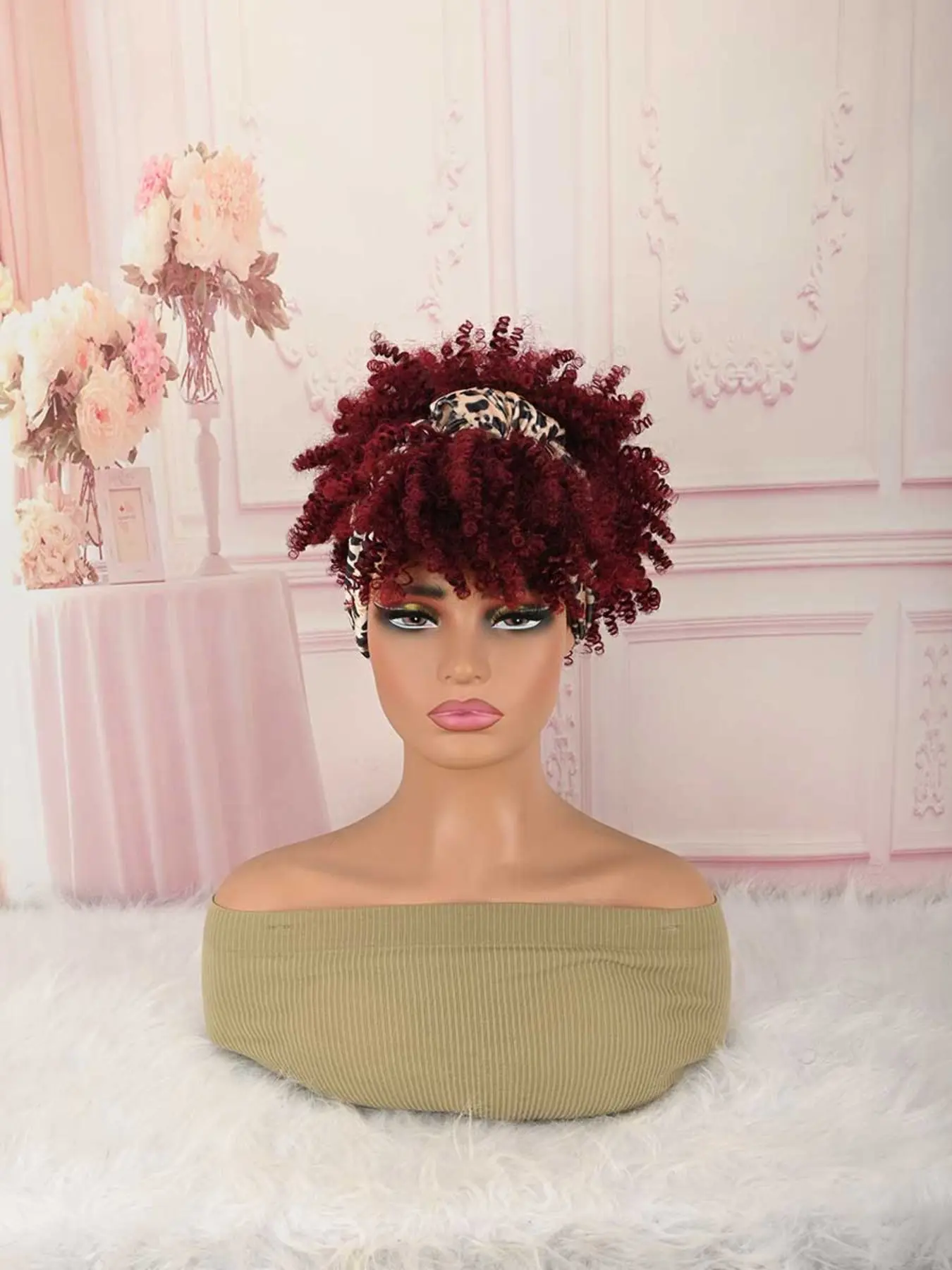 Wine Red Afro Puff Curly Headwrap Wig, Pre-tied Leopard Turban Hairpiece for African American Women Low Maintenance Daily Wear Synthetic Wig