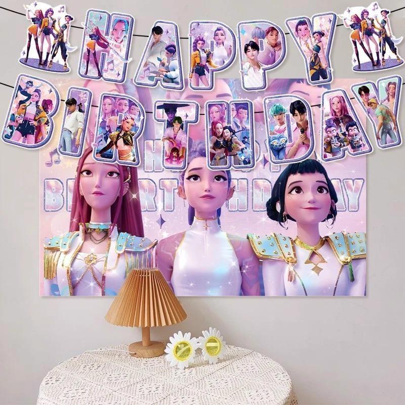 K-Pop Birthday Party Decoration Set - K-Pop Anime Girl - Inspired Background Banner, Balloon and Cake Top, Stickers | Cool K-Pop Theme Party Supplies for Fans, Children and Teenagers, Perfect Gift for K-Pop Hunter Enthusiasts, Mother's Day Gift