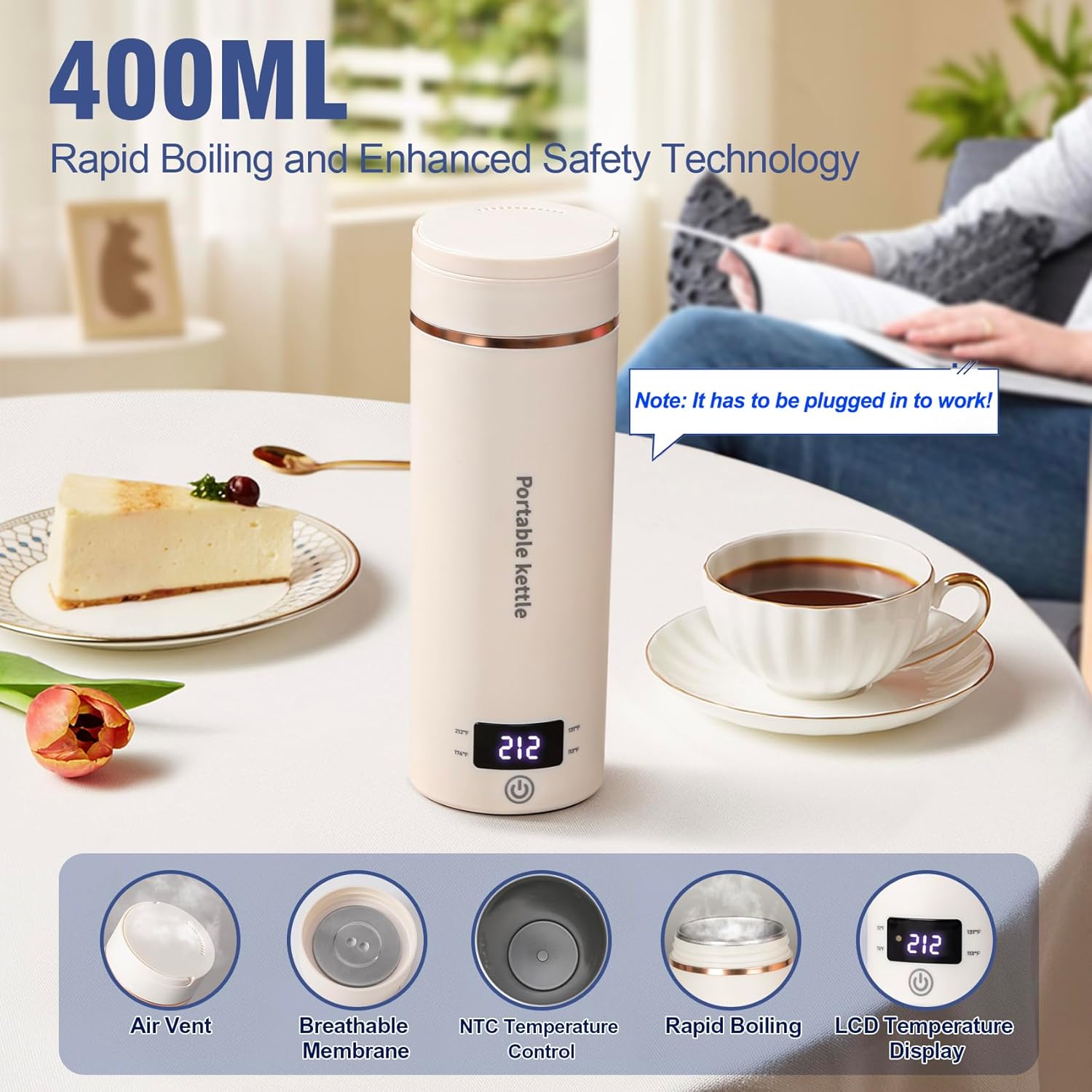 Portable Travel Electric Kettle - 400ml 304 Stainless Steel Mini Compact Hot Water Boiler with LCD Screen, 4 Temperature Settings, Auto Shut-Off, Boil Dry Protection, Temperature Controller, Improved Vent Holes, 1.1 lbs, 13.5oz (Beige) for Family, Hotels, Portable Travel Electric Kettle - 400ml 304 Stainless Steel Mini Compact Hot Water Boiler with LCD Screen, 4 Temperature Settings, Auto Shut-Off, Boil Dry Protection, Temperature Controller, Improved Vent Holes, 1.1 lbs, 13.5oz (Beige) for Family, Hotels,