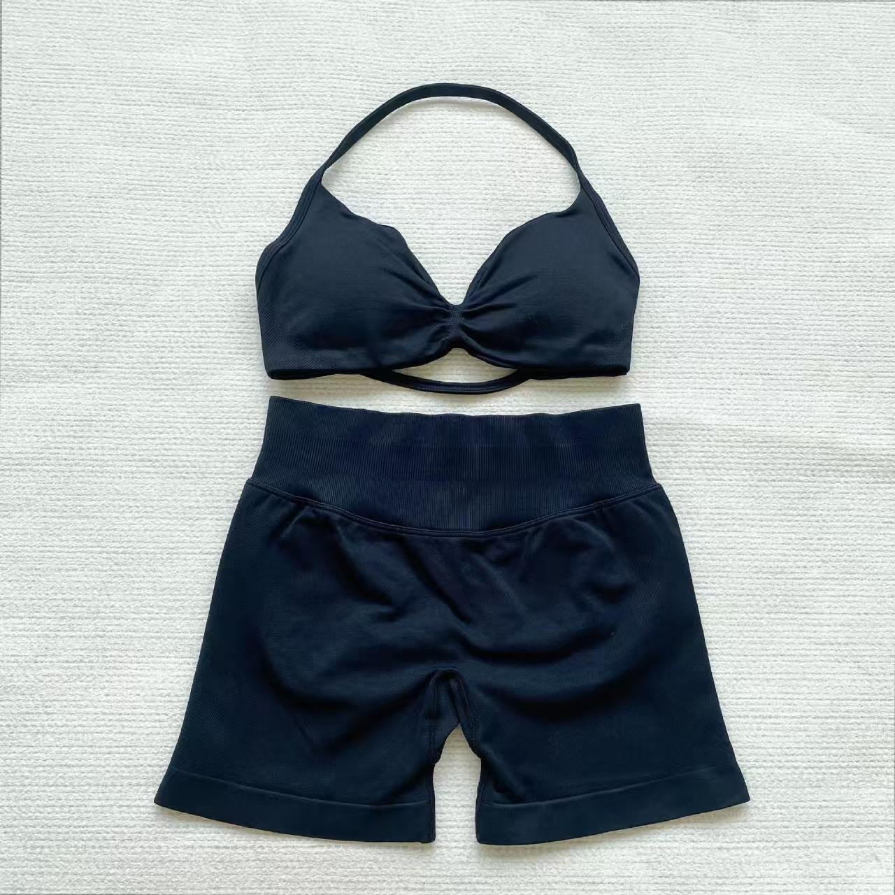 DFYNE halter neck bra with backless design and hip-lifting shorts are highly elastic and won't dig into your skin. They're versatile enough for both workouts and everyday wear.