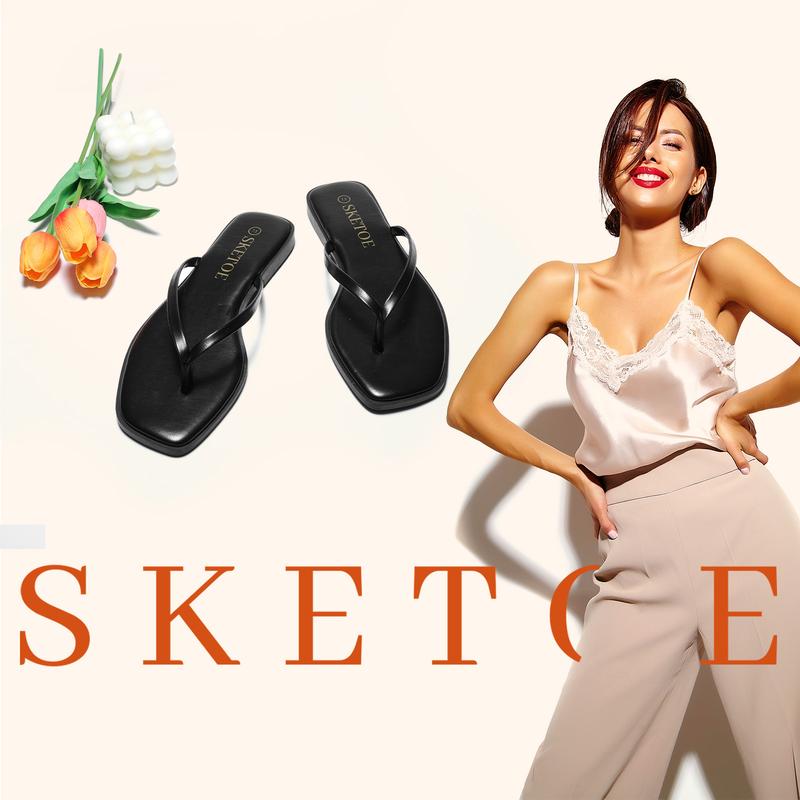 Women's Flip Flops  Black Square Toe Flat Sandals for Women  Comfortable Thong Sandals Fashion Sandals for Women 2025  Vegan Leather Lightweight Summer Beach Sandals  Dressy Vacation Essentials Slides