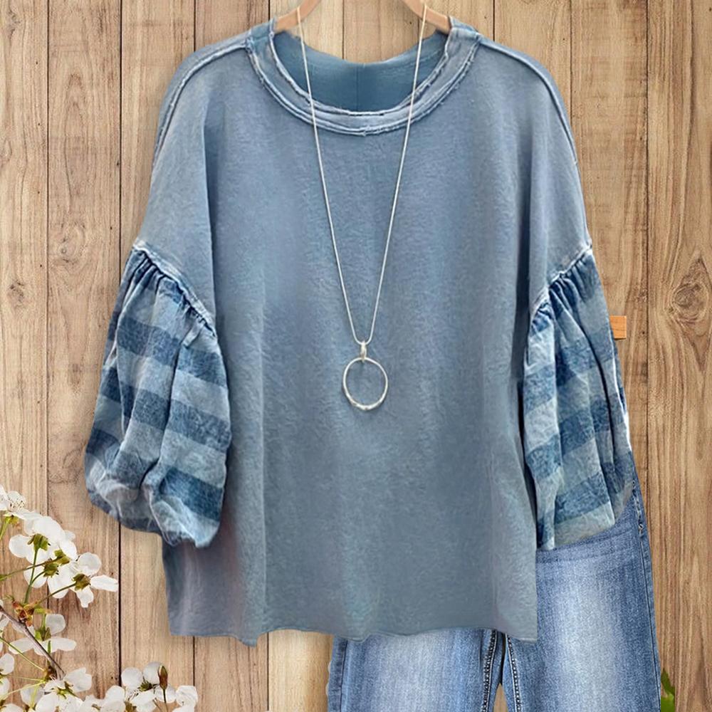 SageVell Vintage Wash Blue Sweatshirt Oversized Top Striped Puff Sleeve Shirt for Effortless Casual Chic Style Outdoorfun Fit Womenswear Round Neck Cotton SageVell Vintage Wash Blue Sweatshirt Oversized Top Striped Puff Sleeve Shirt for Effortless Casual Chic Style Outdoorfun Fit Womenswear Round Neck Cotton