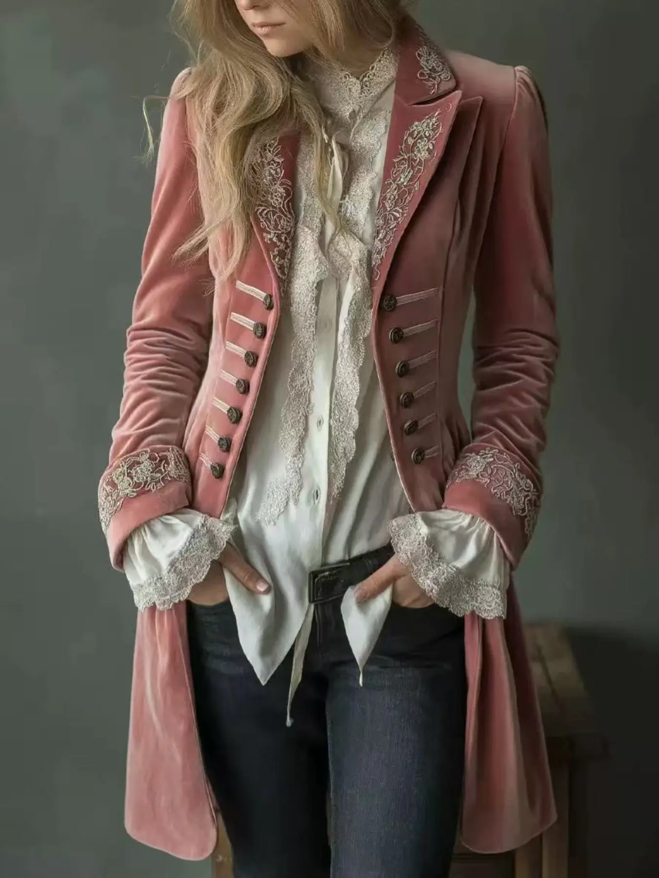 2026 New Elegant Long Sleeve Velvet Jacket, Plain Color Floral Trim, Waist Cinch Slim Fit, Casual Fashion Women's Outerwear