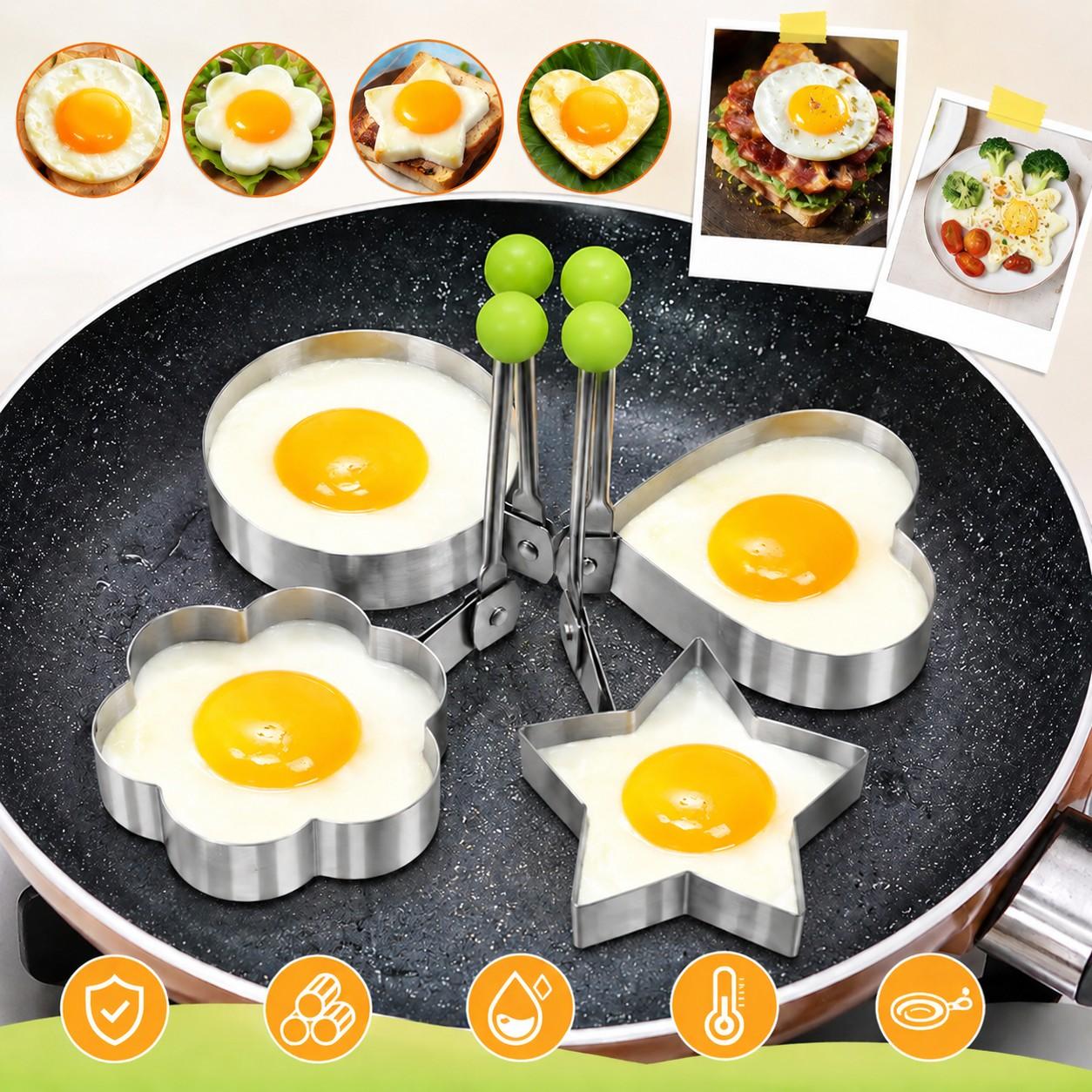 4 Piece Stainless Steel Egg Ring Mold, Non-Stick Egg Molds, Heart Shape Egg Maker, RV Kitchen Accessories, Restaurant Cooking Tools