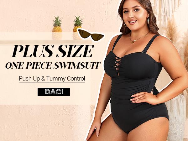 Daci Women Plus Size One Piece Swimsuit - Tummy Control Bathing Suits Ruched Lace up Swimwear Bandeau Retro Swimsuits