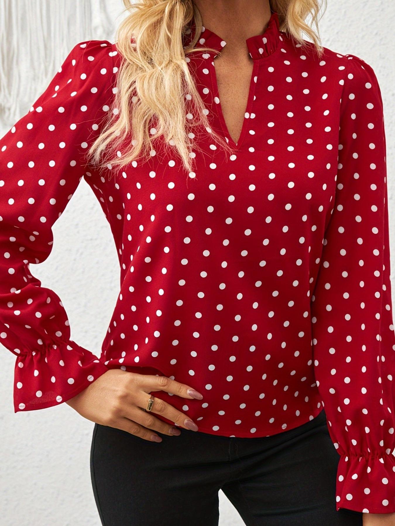 A women's fashion new style top featuring a stand collar with a small V-neck design, ruffled trim, and red polka dot pattern, with a stand colbell sleeves; suitable for retro commuter style, date night looks, and various other outfits.