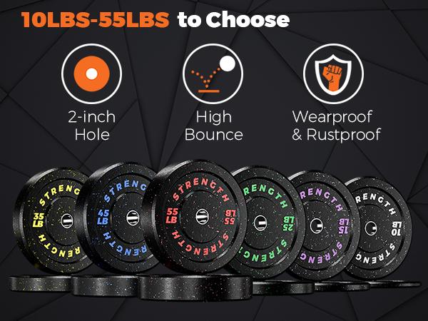 FathersDayGift High Bounce Bumper Plates Set, 2 Inch Weight Plates for Strength Training, 100-260lbs Floor-Protective Barbell Weights for Home Gym & Weight Lifting.