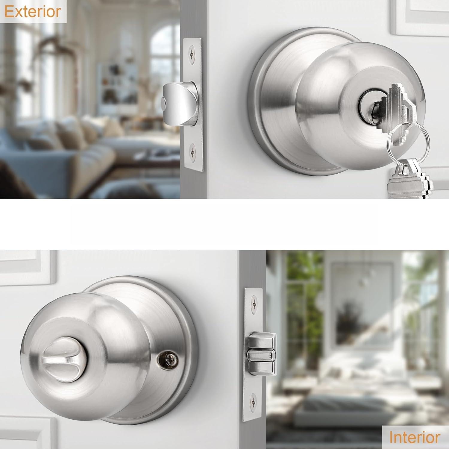 Exterior Door Knob with Lock and Key, Brushed Nickel Foor Knobs 1 Pack, Bedroom Door Knobs Modern Round Ball Style