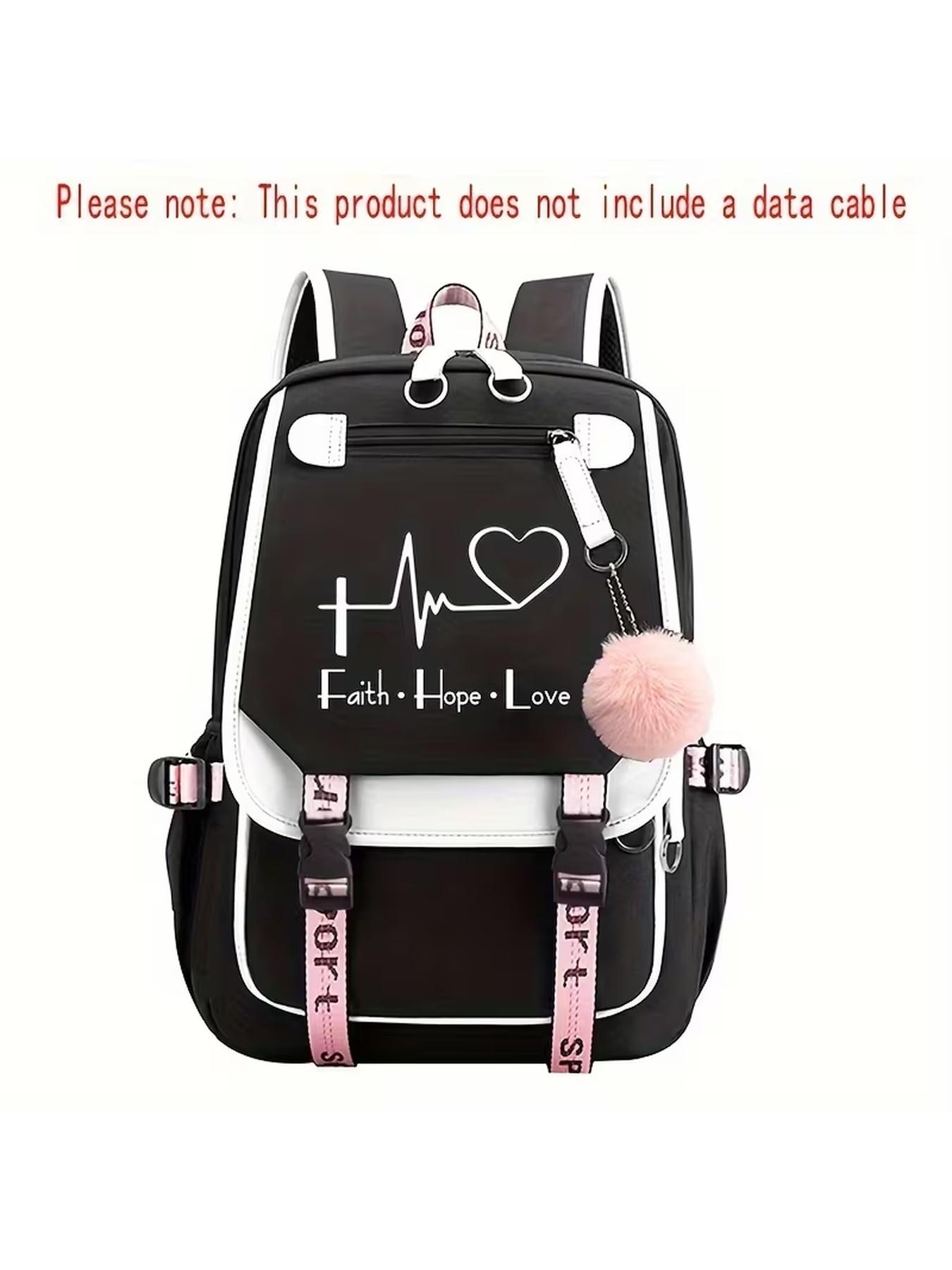 Faith Hope Love Heartbeat Print Girls Backpack Pink Black Large Capacity School Bookbag With USB Charging & Headphone Port Pom pom Pendant Aesthetic Student Backpack For Teen Girls Back To School Travel Gift