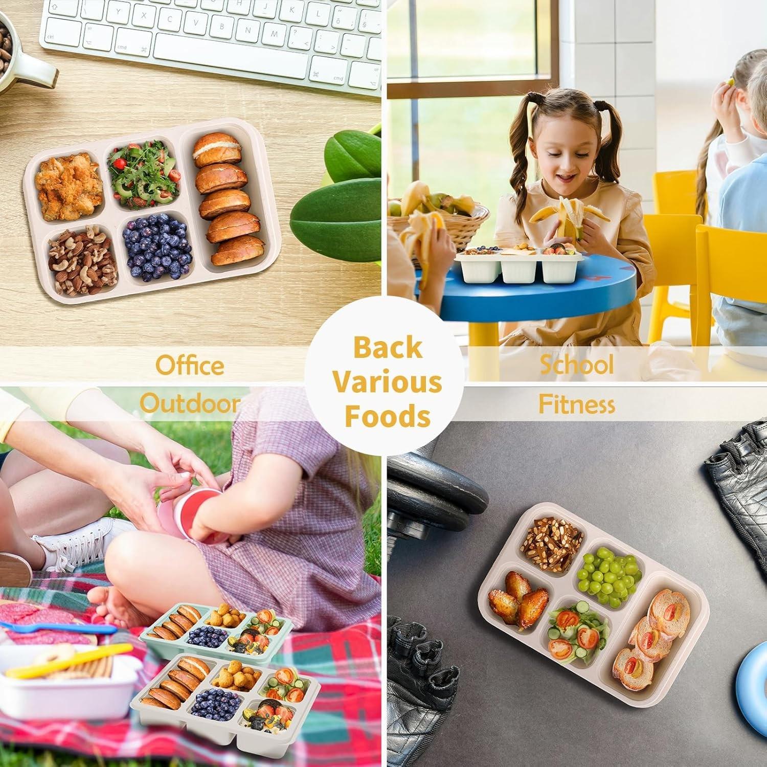 Wheat Straw Bento Snack Box Containers, 4-Pack 5-Compartment Meal Prep, Reusable Food Storage, Stackable, Ideal for Work & Travel, Lunch Boxes