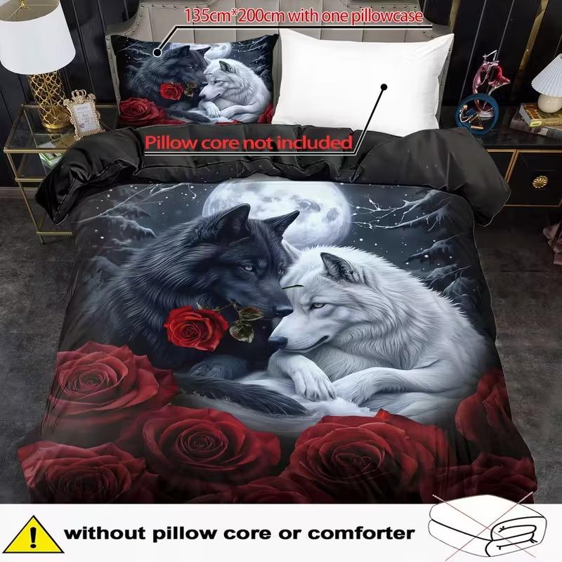 2D Print Wolf Pattern Bedding Set, 3pcs Soft Breathable Polyester Fabric, All-Season Use, Bedroom & Guest Room Decor, Decorative Bedding Set