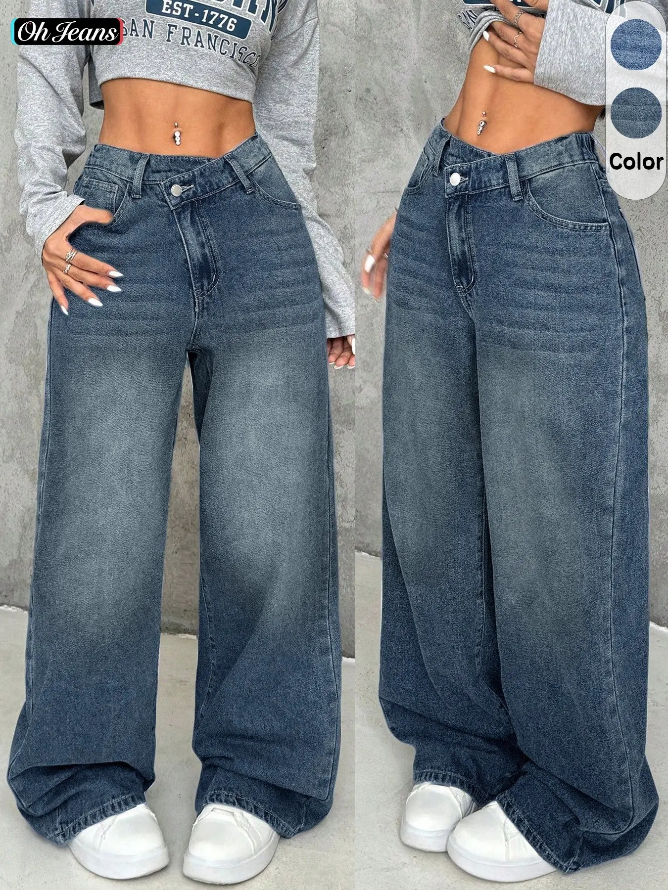 Women's Asymmetrical Waist Denim Jeans, Loose-Fit Straight Leg, Baggy, Comfortable Fashion Design, Casual All-Season Wear, Vintage Washed