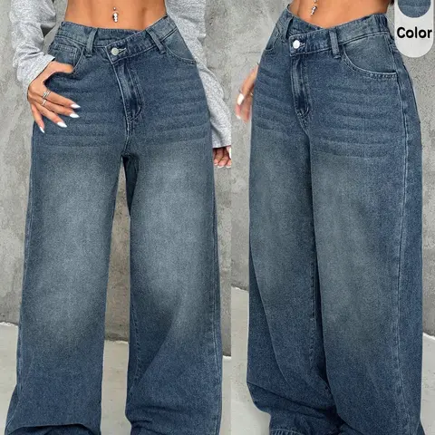 Women's Asymmetrical Waist Denim Jeans, Loose-Fit Straight Leg, Baggy, Comfortable Fashion Design, Casual All-Season Wear, Vintage Washed, Fashion Jean Bottoms