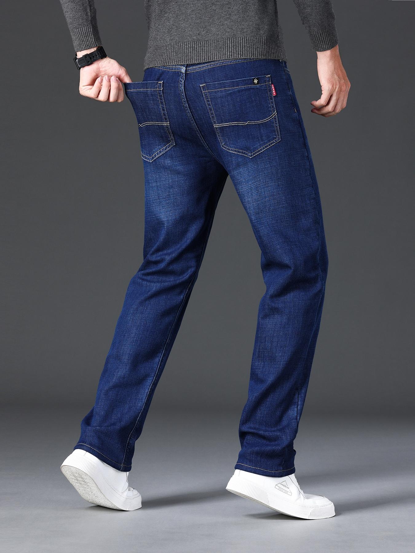 Men's Thickened Winter Fleece Jeans, Hi Rise Jeans, Loose Straight Leg High Waist Casual Elastic Pants, Warm Long Denim Trousers for Fall & Winter