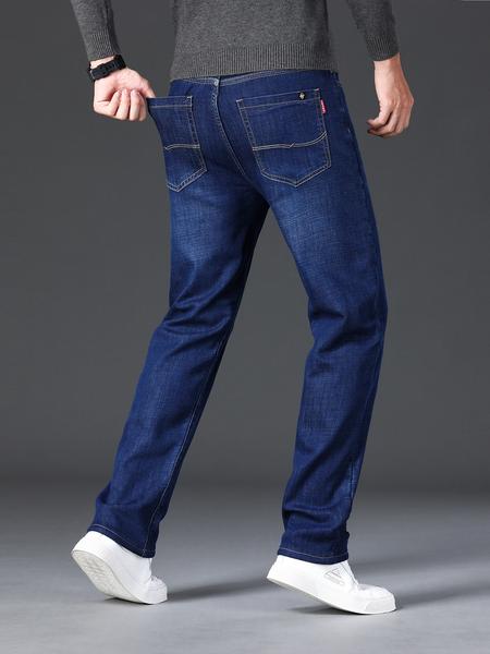 Men's Thickened Winter Fleece Jeans, Hi Rise Jeans, Loose Straight Leg High Waist Casual Elastic Pants, Warm Long Denim Trousers for Fall & Winter