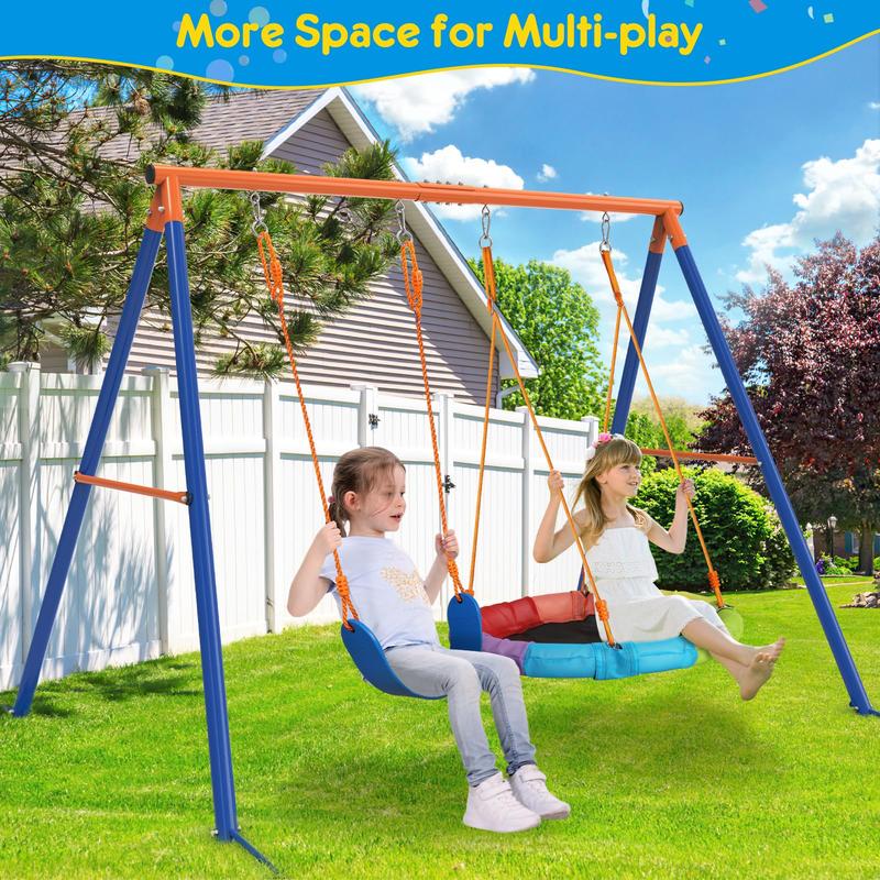 Bearbro Swing Set with 1 Saucer and 1 Belt Swing Seat, 440lbs Swing Set for Kids with Heavy Duty A-Frame Metal Swing Stand for Backyard and Playground