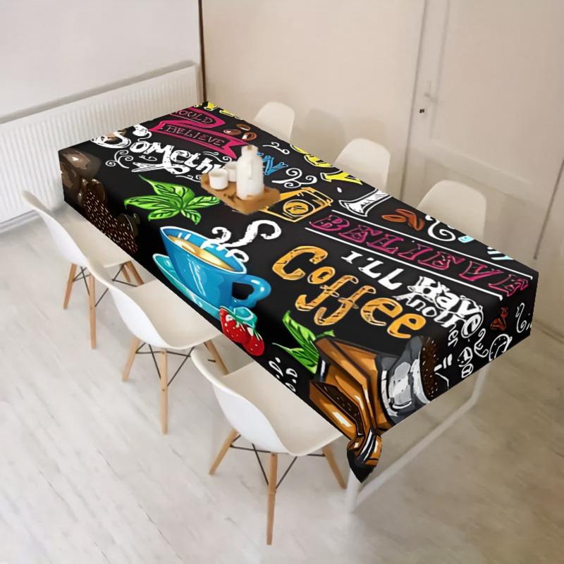 1pc Chic Coffee and Text Design Tablecloth - Rectangular Polyester Tablecloth, Easy to Clean, for Parties, Dining Decor and Outdoor Use, Picnic Table Cover