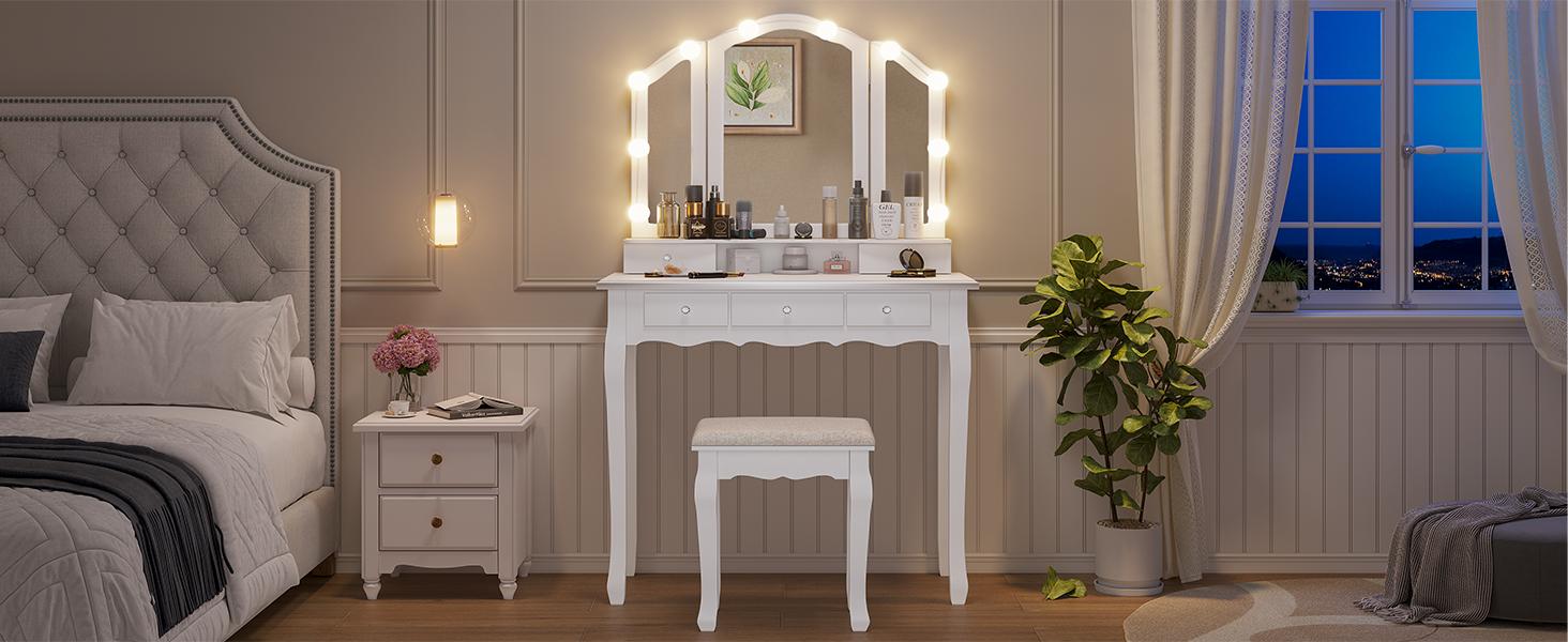 Sikaic Makeup Vanity with Lighted Mirror and Stool, Vanity Table Set with 5 Drawers, 3 Light Settings, White Furniture Bedroom