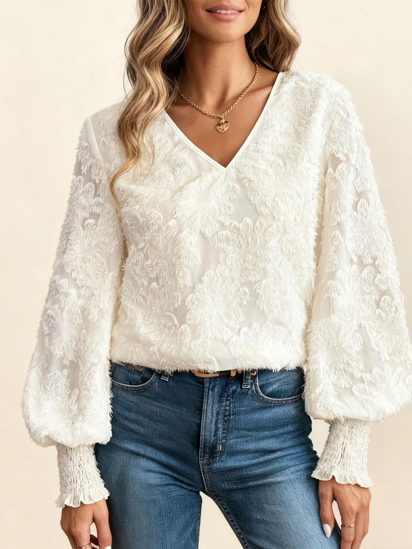 A versatile women's casual fashion 3D faux fur lace print lantern sleeve shirt, exuding gentle charm, suitable for both layering and standalone wear, perfect for dates, parties, and ideal for spring and summer