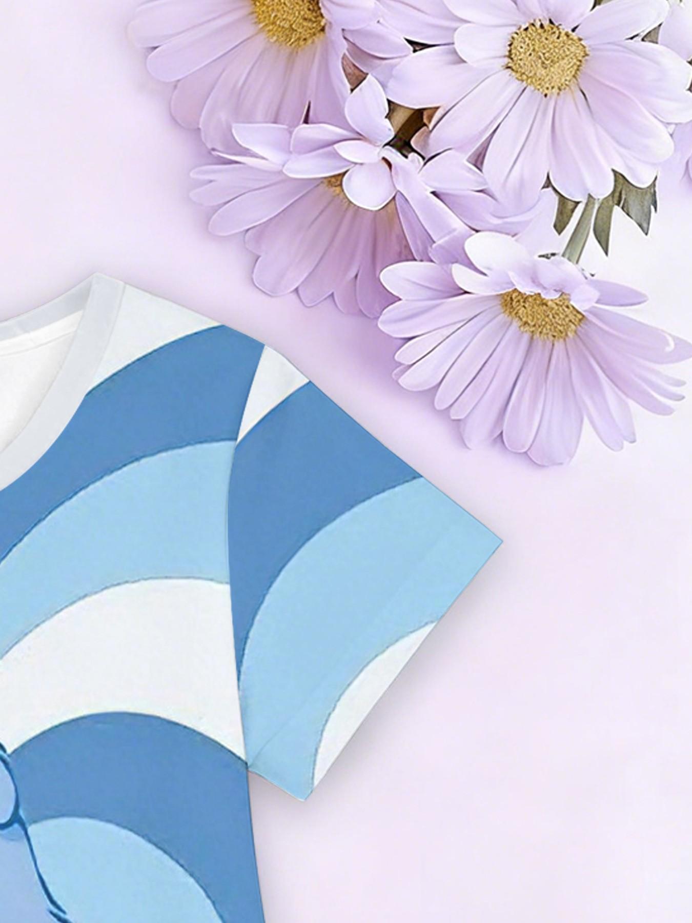 Girls' Heart Bear Night Owl A-Line Dress, Cartoon Healing Short Sleeve Dress, Fashion Outdoor Wear, Birthday Gift, Holiday Gift