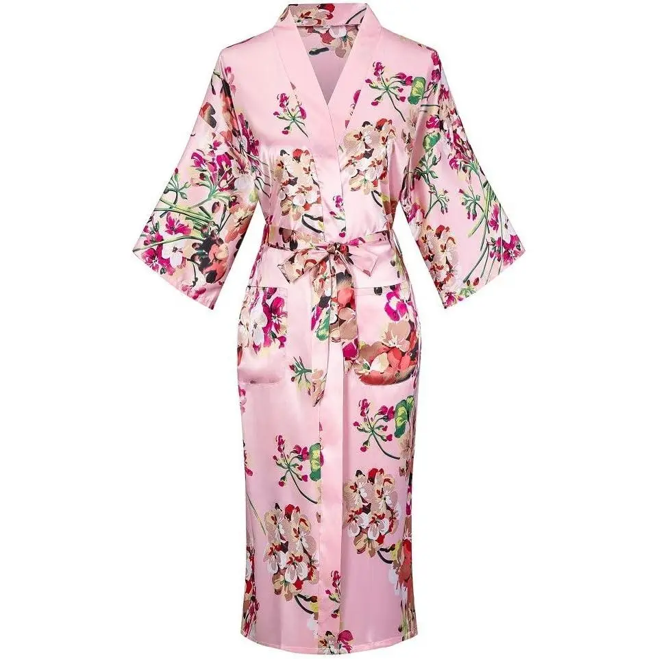 Women's Floral/Patterned Silky Kimono Robes Long Satin Bathrobes Sleepwear Loungewear