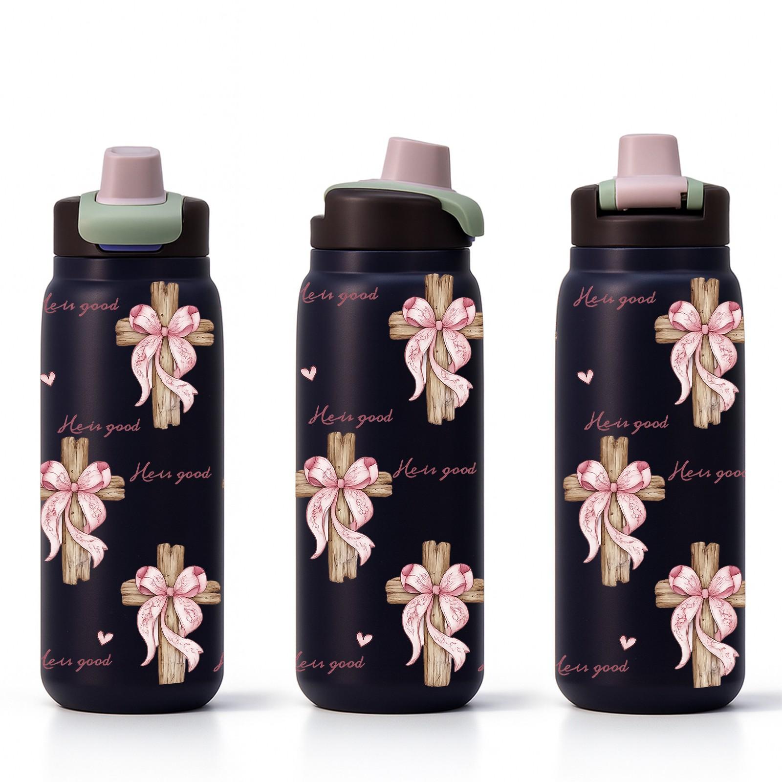 40oz Christian Faith Insulated Mug with Handle and Straw Lid, He Is Good Cross and Pink Bow Print, Double Wall Vacuum Thermal Mug for Hot and Cold Drinks, Large Capacity Car Travel Mug, Ideal Gift for Church Friends and Believers Tumbler