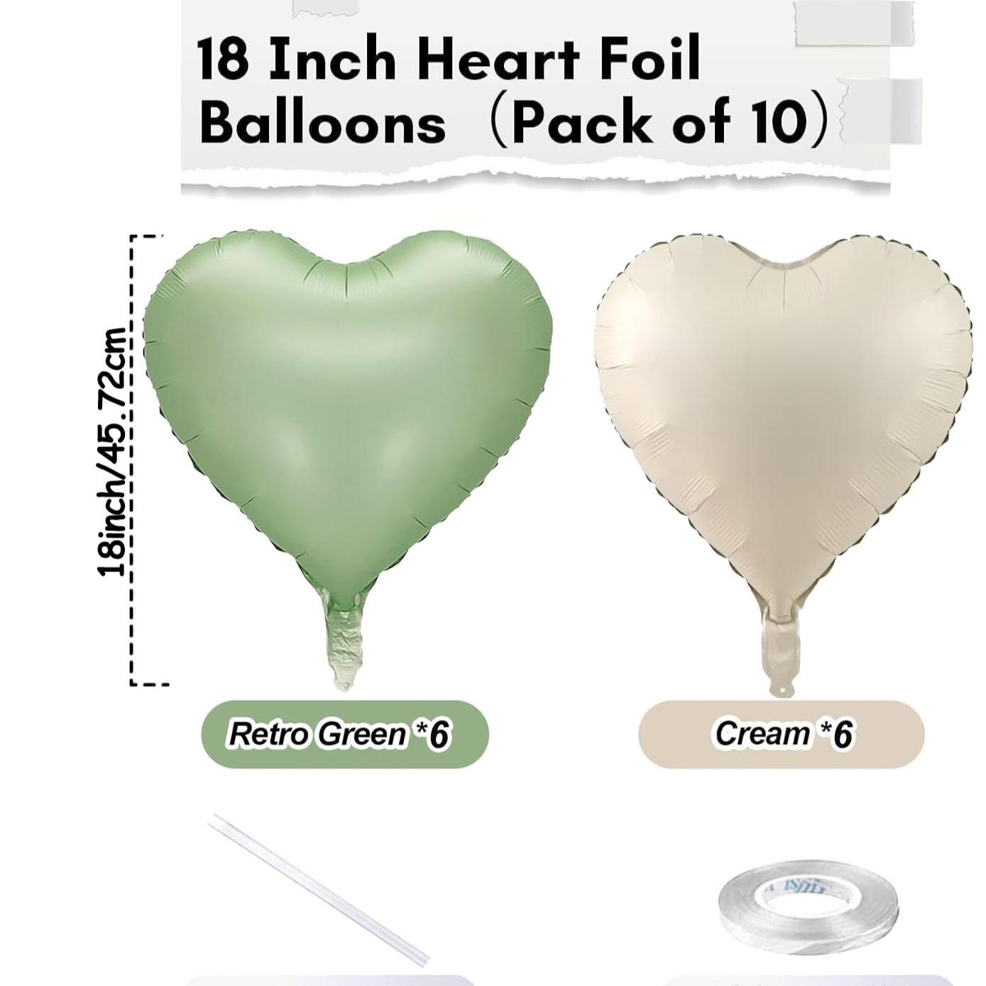 Light green cream colored heart-shaped aluminum foil balloons, 12 heart-shaped balloons with 2 accessories, suitable for jungle adventure parties, birthdays, graduation ceremonies, garden weddings, baby shower party decorations