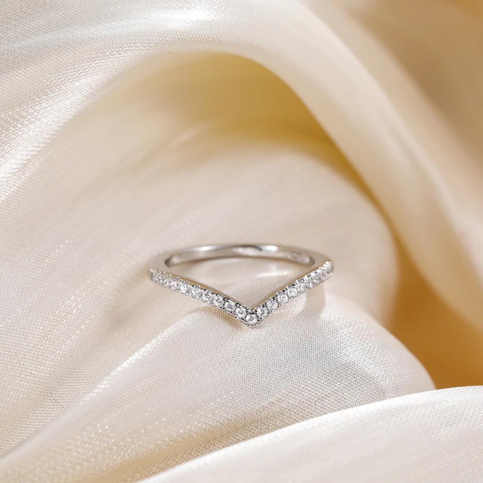 EAMTI 925 Sterling Silver Cubic Zirconia Half Eternity Ring V Shape Stacking Ring Minimalist CZ Statement Band for Women
