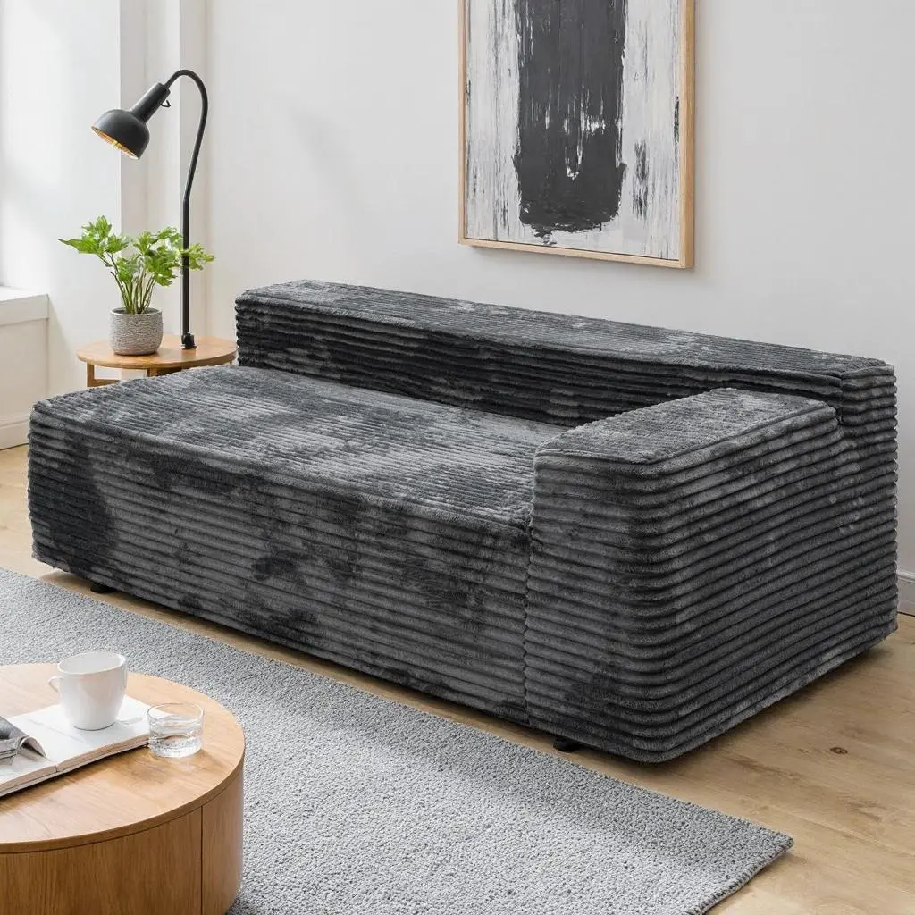 Grey Modular Sectional Sofa with Chaise Lounge, 2-Seat Plush Corduroy Couch with Foam Fill, No Assembly Required, for Living Room, Apartment, or Bedroom