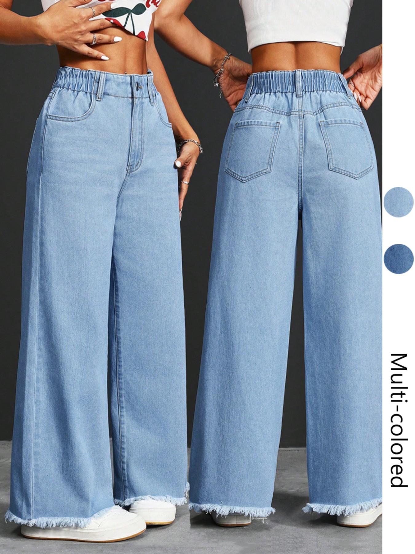 Women's High Waist Denim Jeans, Elastic Waist Design, Pockets with Buttons, Casual Fashion, Fuzzy Hem, Comfortable Pants for All Seasons