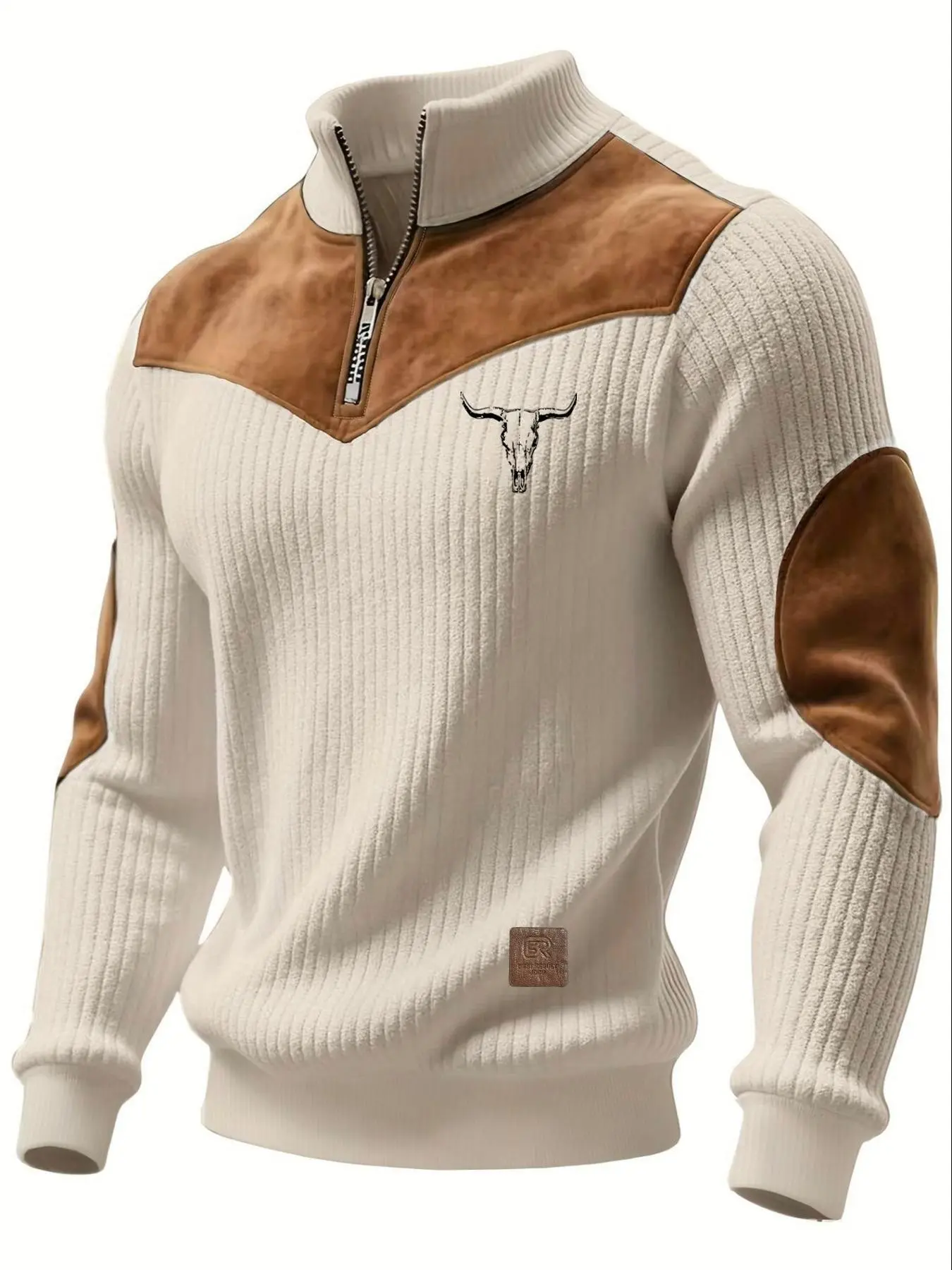 Men's Fall Winter Stand Collar Half-Zip Sweatshirt, Bull Head Print, Western Retro Casual Graphic Knitwear, Warm and Comfortable, Outdoor and Commute Wear