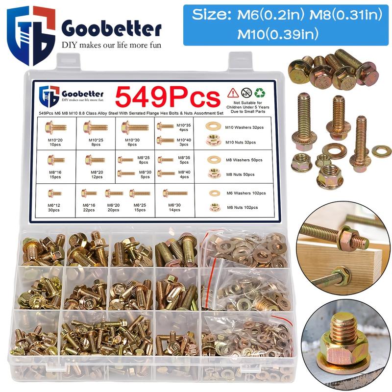 549pcs Metric Fange HexBolts, Nuts &Washers Assortment Kit,M6 M8 M10 Sizes, Class 8.8 AlloySteel, ZincPlated, for DlY, HlectronicsHousehold Appliances &CommunicationEquipment