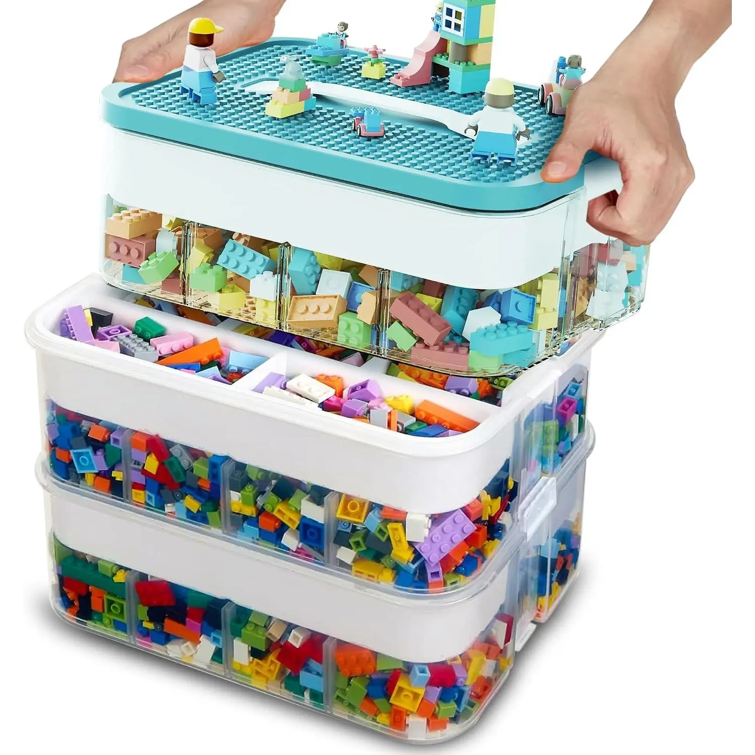 3-Tier Stackable Toy Storage Organizer with Building Block Lid and Bricks