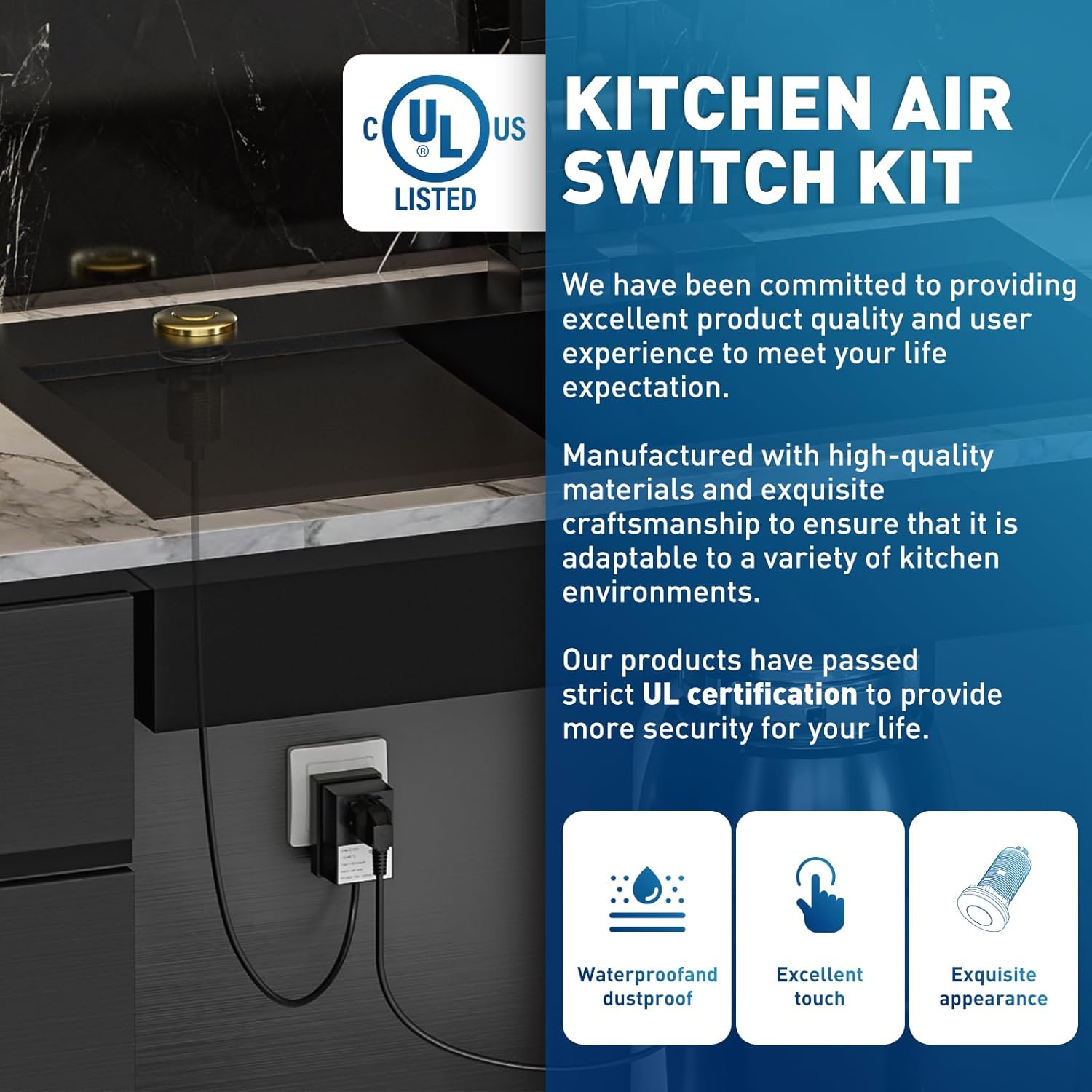 Garbage Disposal Air Kit Sink Top Disposal Long Stainless Steel Black /Off Air Button and Disposals Part, UL Listed Garbage Disposal Air Kit Sink Top Disposal Long Stainless Steel Black /Off Air Button and Disposals Part, UL Listed