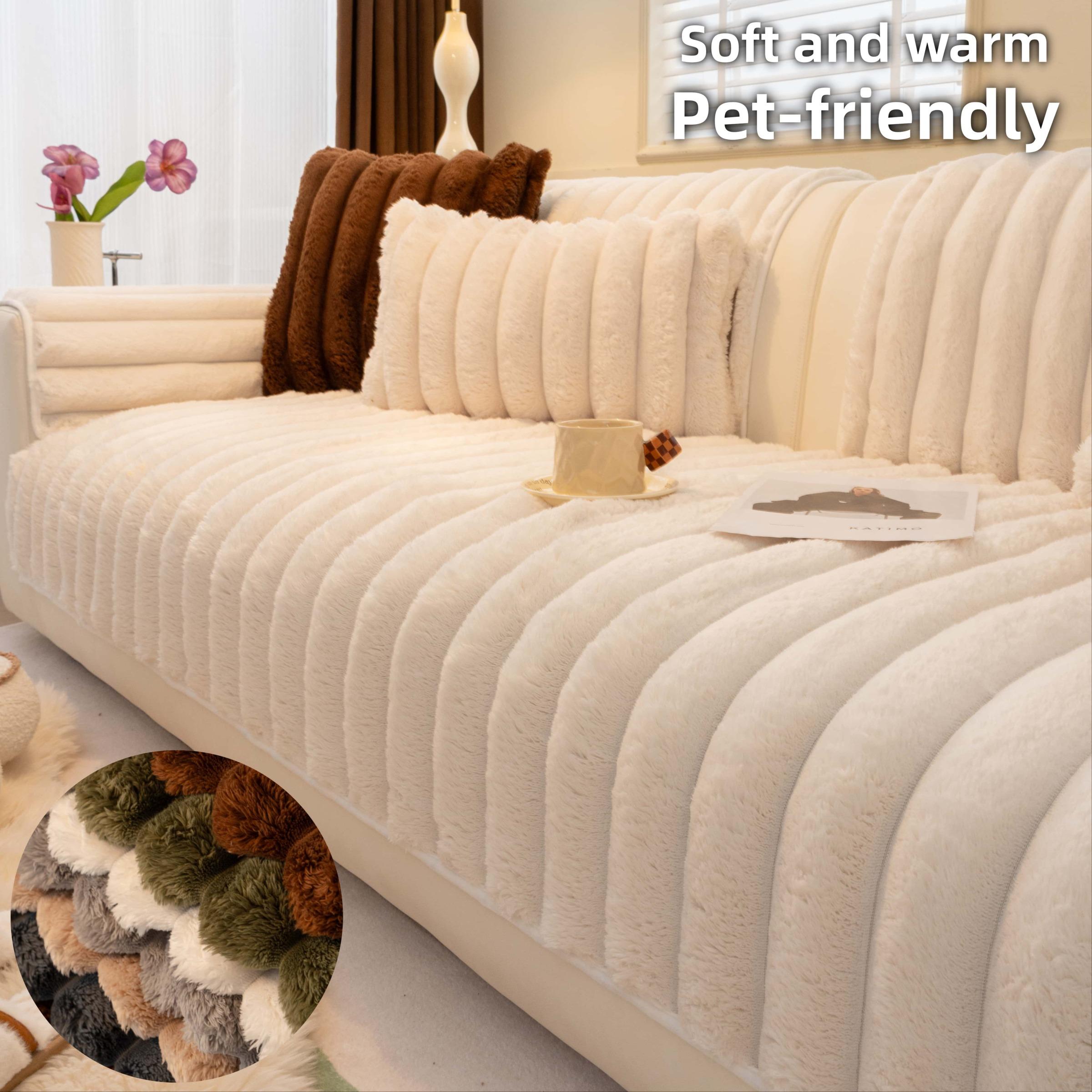 Solid Color Plush Sofa Cushion Cover, Sofa Slipcover, 1 Count Pet-friendly non-slip couch protector, soft & warm thick fleece, machine washable, anti-scratch cat/dog friendly throw, universal fit 1/2/3/4-seater & L-shape sectional