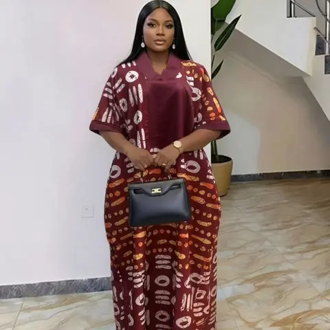 New fashion loose plus-size ethnic traditional boubou kaftan with chest applique print, women's dress for summer, elegant V-neck, short sleeves, breathable for everyday wear, festivals, parties, beach vacations, multi-color robe with scarf 2026