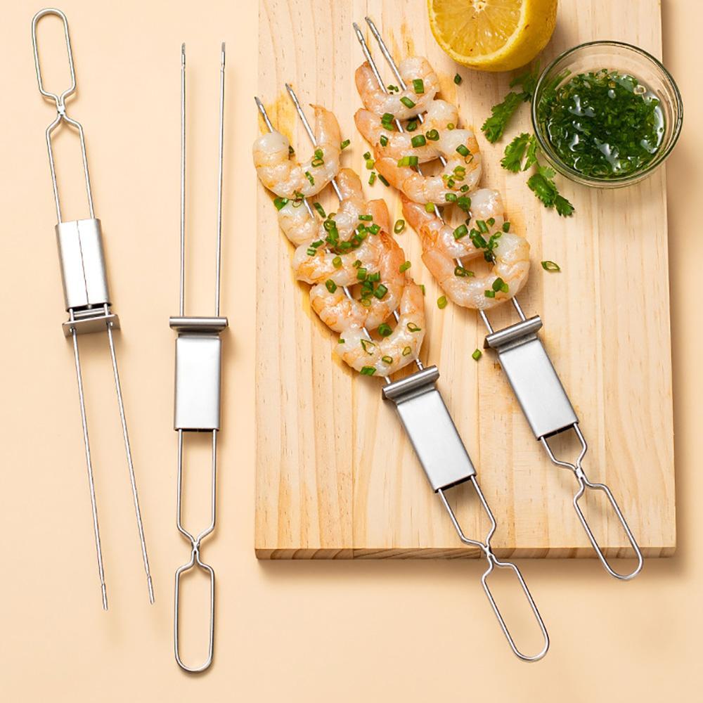 Stainless Steel Barbecue Grill Fork & Skewers Set, Barbeque-Style Double Pronged Forks for Shrimp, Meat, Veggies, Non-Slip Handle, Reusable, Easy to Clean, Ideal for Outdoor Grilling Parties, Barbeque-Style Barbecue Forks