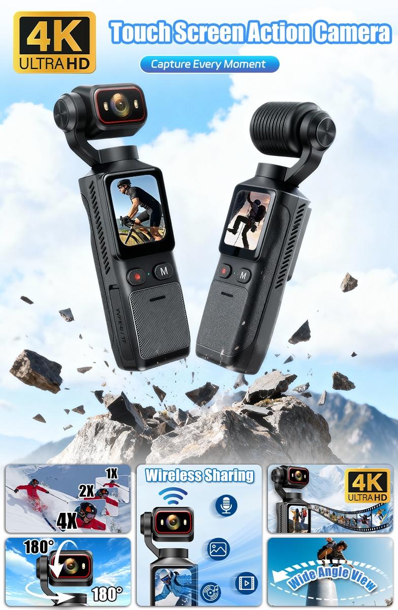 Handheld Stabilizer Pocket Camera, Portable 4K Ultra HD Camcorder, 180° Rotating Lens, 1.69 Inch Touchscreen, USB Rechargeable