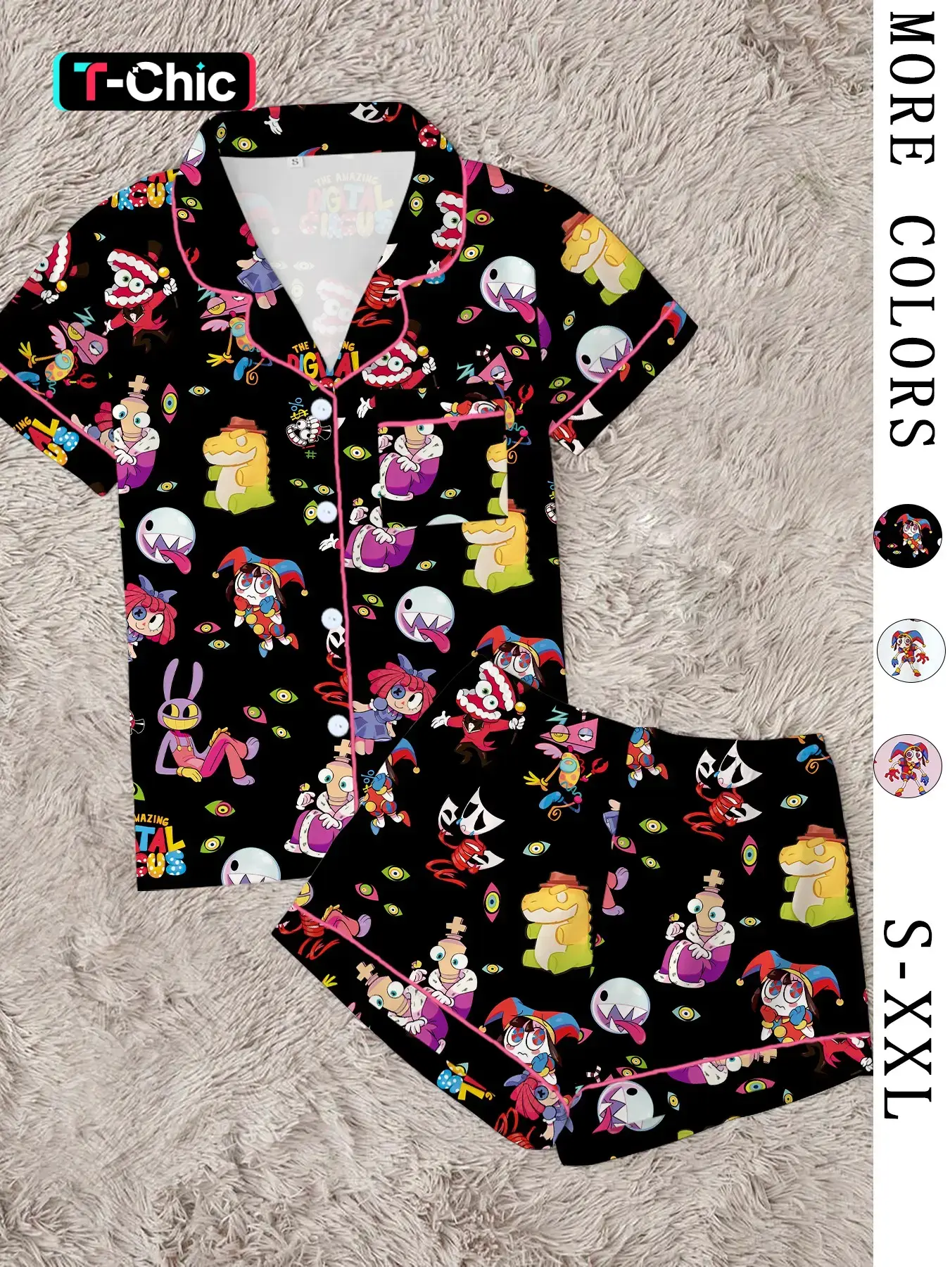 Women’s 2-Piece Summer Short-Sleeve Pajama Set, Aesthetic Cartoon Circus Magic Monster Print Button Front Sleep Top & Shorts, Soft Casual Home-Wear Loungewear
